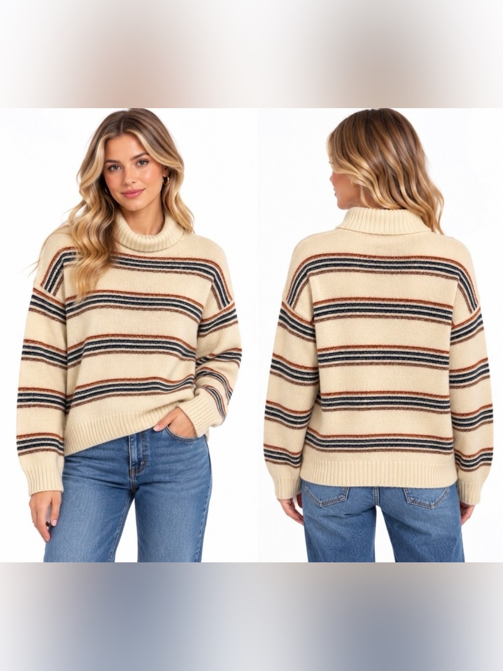 b.young Bymonna Striped Cowl Neck Sweater in Cream Size S NWT